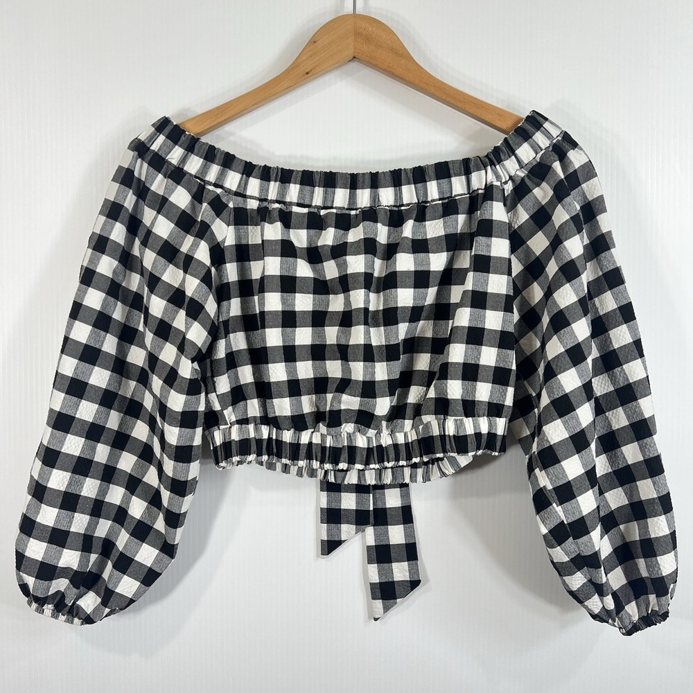 Anthropologie Maeve Gingham Cropped Top XS Tie Back Off-Shoulder Puff Sleeve
